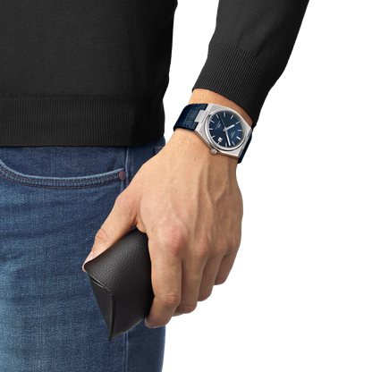 Tissot PRX Powermatic 80 Automatic Blue Dial Transparent Case Back Stainless Steel Tonneau Case Blue Leather Strap Men’s Watch T137.407.16.041.00