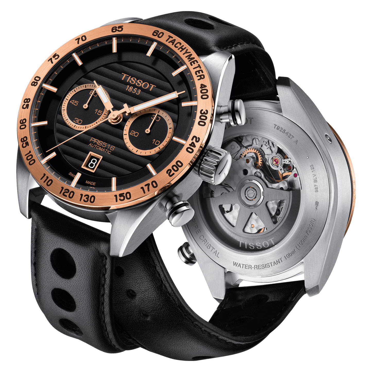 Tissot PRS 516 45mm Black Dial Rose Gold Bezel Leather Strap Automatic Chronograph Men’s Watch T925.427.46.051.01 | Luxero