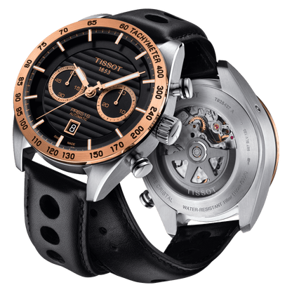 Tissot PRS 516 45mm Black Dial Rose Gold Bezel Leather Strap Automatic Chronograph Men’s Watch T925.427.46.051.01 | Luxero