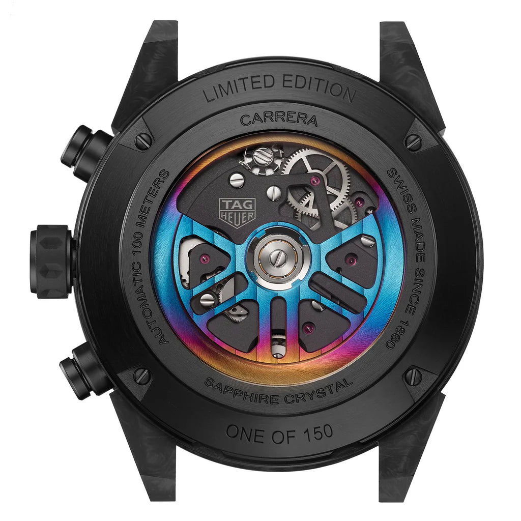Tag Heuer Carrera watch with rainbow-colored mechanical components on a white background