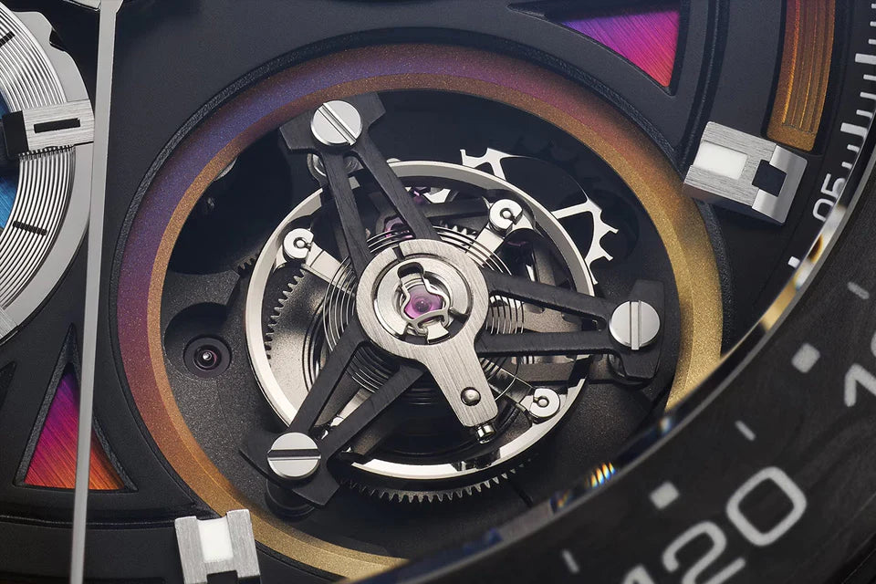 Close-up of a watch mechanism with colorful accents