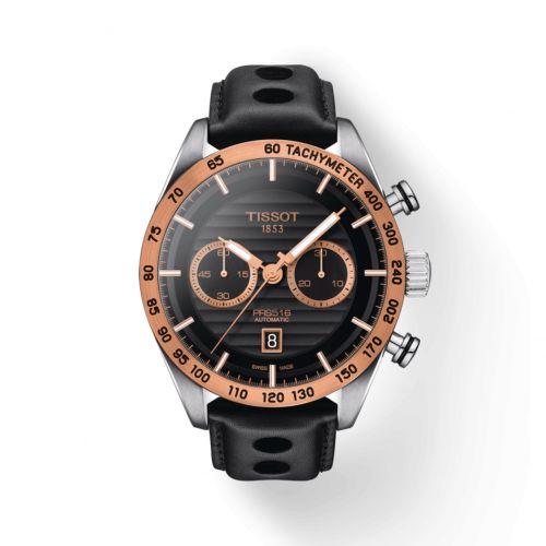 Tissot PRS 516 45mm Black Dial Rose Gold Bezel Leather Strap Automatic Chronograph Men’s Watch T925.427.46.051.01 | Luxero
