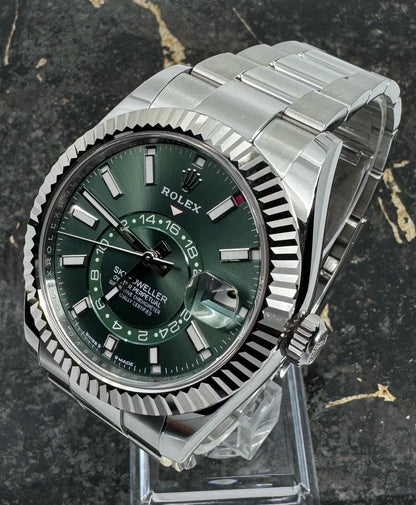 Rolex Sky-Dweller Green Dial Fluted Bezel Stainless Steel White Gold Watch 336934-0001