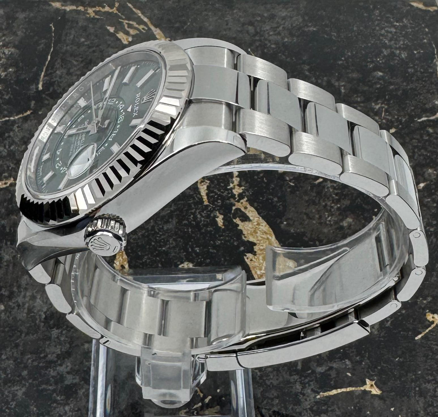 Rolex Sky-Dweller Green Dial Fluted Bezel Stainless Steel White Gold Watch 336934-0001