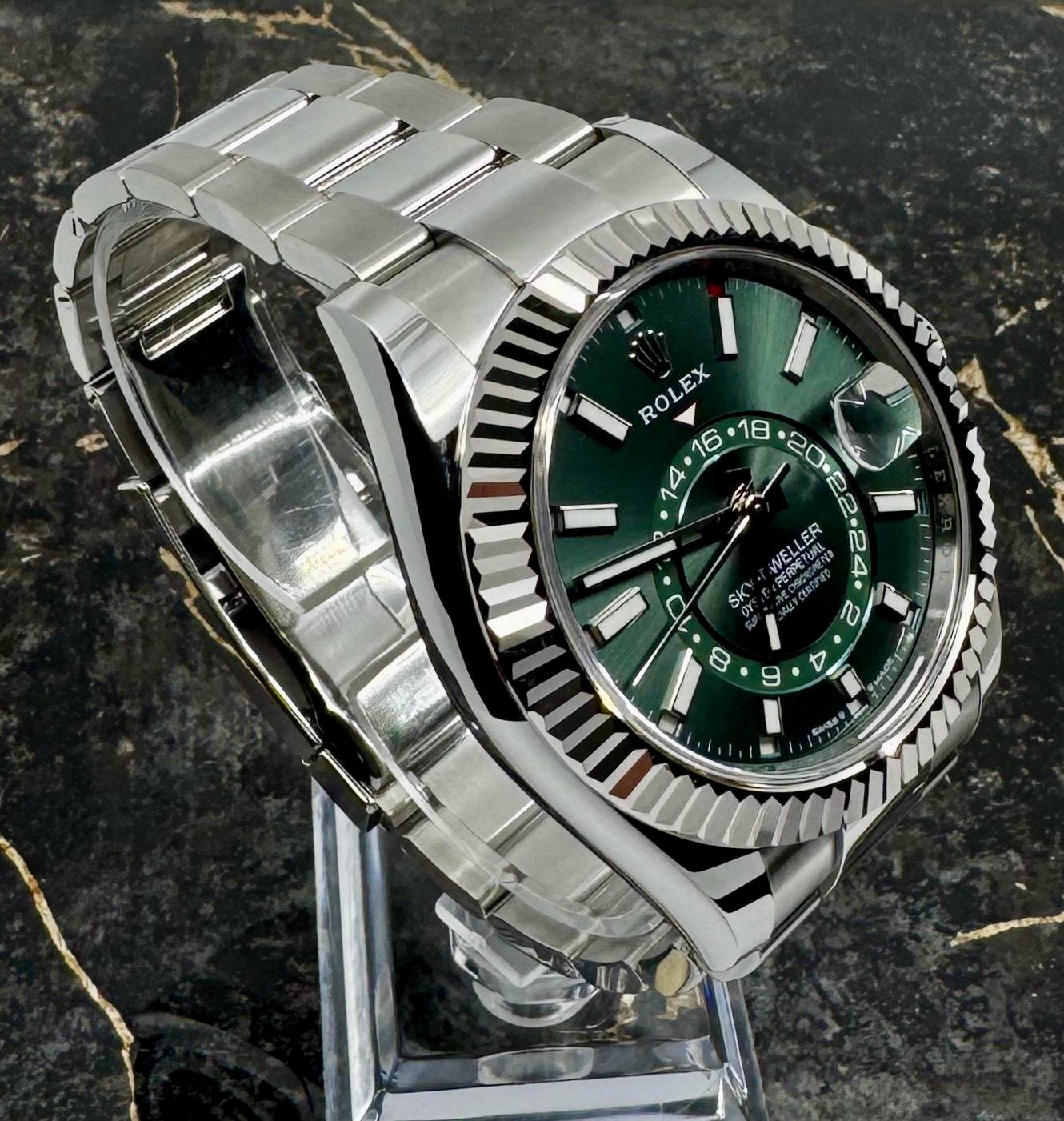 Rolex Sky-Dweller Green Dial Fluted Bezel Stainless Steel White Gold Watch 336934-0001