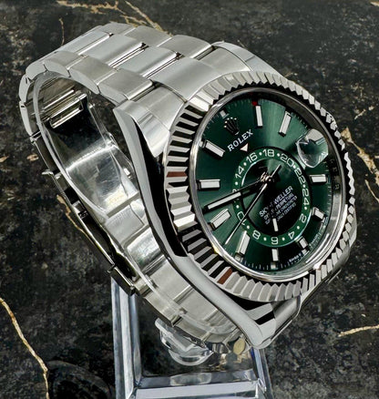 Rolex Sky-Dweller Green Dial Fluted Bezel Stainless Steel White Gold Watch 336934-0001