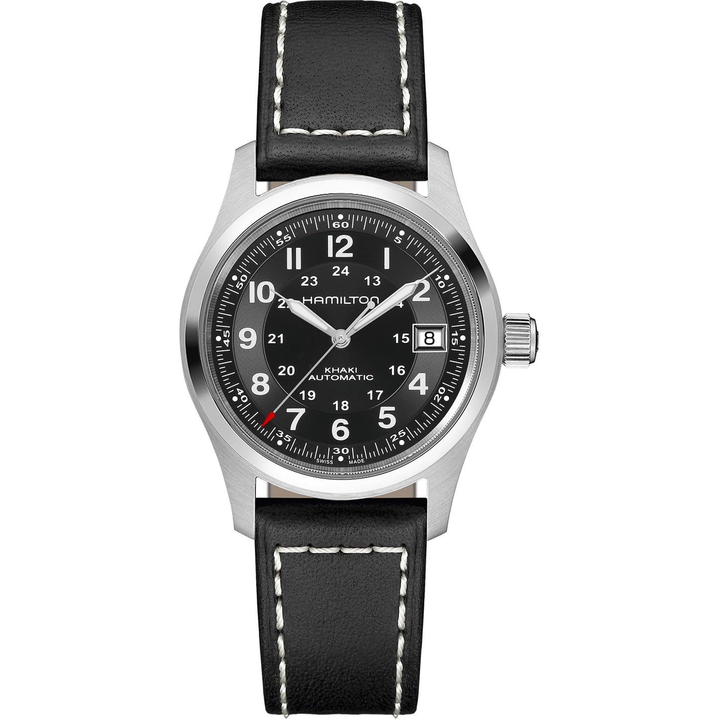 Hamilton Khaki Field Automatic Black Dial 38mm Men’s Watch H70455733 – Black Leather Strap, Date Display, Calibre H-10, 80-Hour Power Reserve, Uni-Directional Bezel, 100M Water Resistance