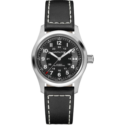Hamilton Khaki Field Automatic Black Dial 38mm Men’s Watch H70455733 – Black Leather Strap, Date Display, Calibre H-10, 80-Hour Power Reserve, Uni-Directional Bezel, 100M Water Resistance