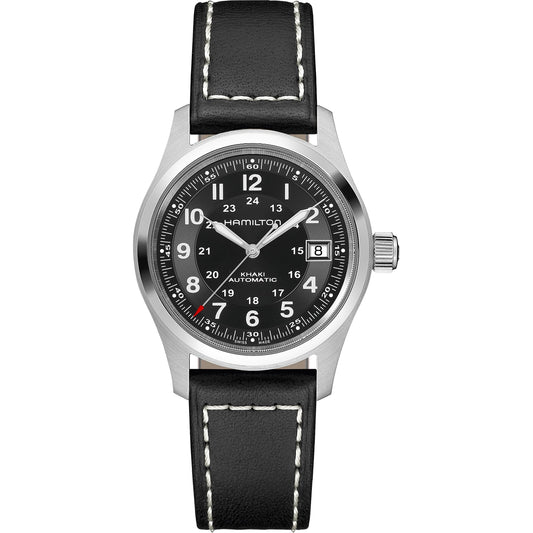 Hamilton Khaki Field Automatic Black Dial 38mm Men’s Watch H70455733 – Black Leather Strap, Date Display, Calibre H-10, 80-Hour Power Reserve, Uni-Directional Bezel, 100M Water Resistance