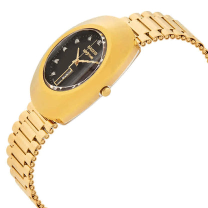 Rado R12304313 Men’s Dress Watch – 35mm Yellow Gold CVD Stainless Steel Case & Bracelet, Black Dial with Diamond Markers, Quartz, Day-Date, 30M WR