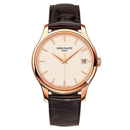 Patek Philippe watch with brown leather strap and rose gold case on white background