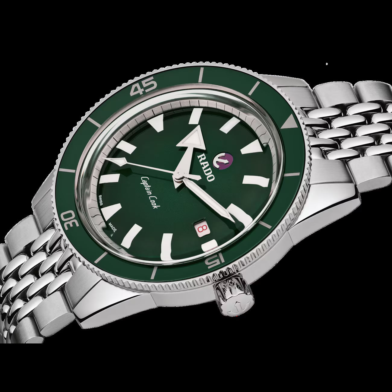 Rado R32505313 – Men's Captain Cook Automatic Watch, 42mm Stainless Steel Case, Green Dial & Ceramic Bezel, Silver Bracelet, 80-Hour Power Reserve, 200M Water Resistance
