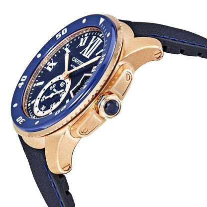 Luxury watch with blue face, rose gold case, and dark blue leather strap on a white background