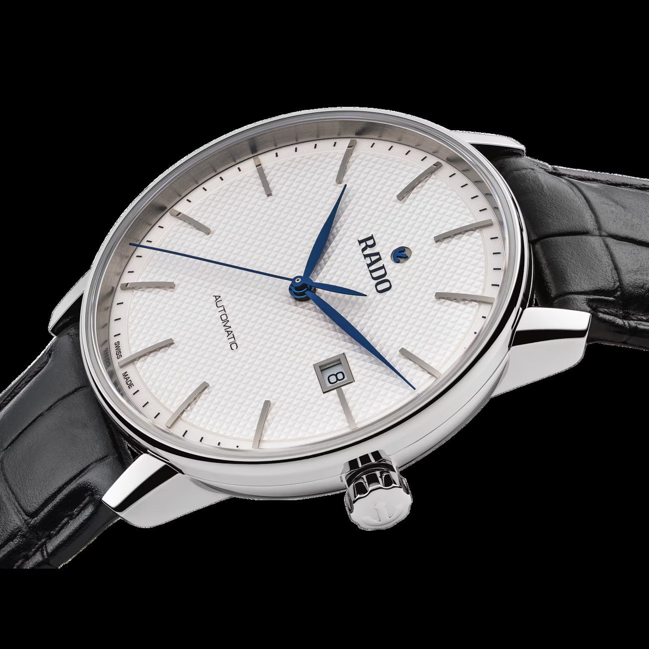 Rado R22876015 – Men's Coupole Automatic Watch, 41mm Stainless Steel Case, White Dial with Blue Hands, Black Leather Strap, 80H Power Reserve, 50M WR