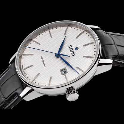 Rado R22876015 – Men's Coupole Automatic Watch, 41mm Stainless Steel Case, White Dial with Blue Hands, Black Leather Strap, 80H Power Reserve, 50M WR