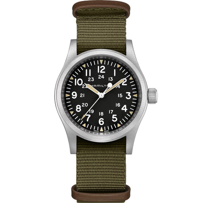 Hamilton Khaki Field Mechanical Black Dial 38mm Watch H69439931 – Green NATO Strap, Hand-Wound Calibre H-50, 80-Hour Power Reserve, 50M Water Resistance