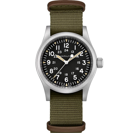 Hamilton Khaki Field Mechanical Black Dial 38mm Watch H69439931 – Green NATO Strap, Hand-Wound Calibre H-50, 80-Hour Power Reserve, 50M Water Resistance