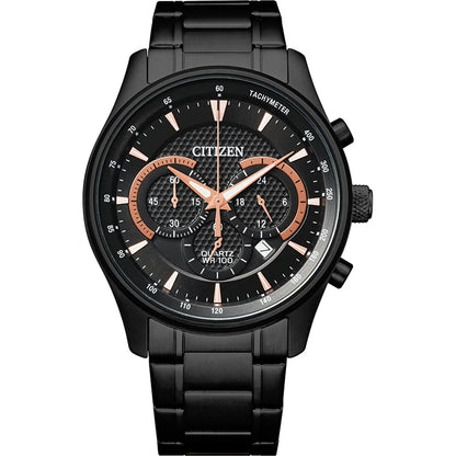 Citizen Chronograph Quartz Black Dial Men’s Watch AN8195-58E – 42mm Black-Plated Stainless Steel Case & Bracelet, Rose Gold Accents, Tachymeter, 100M Water Resistance | Luxero Exclusive