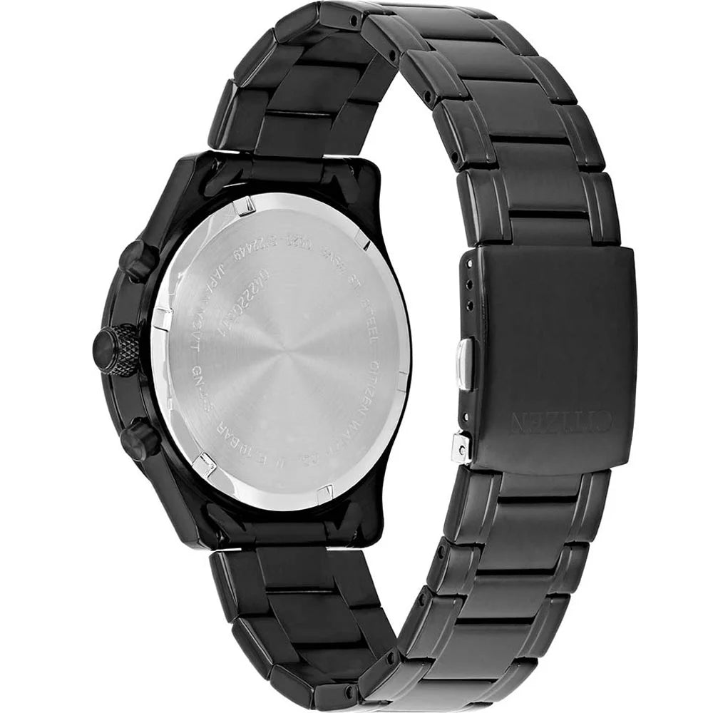 Citizen Chronograph Quartz Black Dial Men’s Watch AN8195-58E – 42mm Black-Plated Stainless Steel Case & Bracelet, Rose Gold Accents, Tachymeter, 100M Water Resistance | Luxero Exclusive