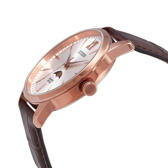 Citizen Quartz Moonphase Silver Dial Men’s Watch AK5003-05A – 42mm Rose Gold-Tone Stainless Steel Case, Brown Leather Strap, Moonphase Display, 50M Water Resistance | Luxero Exclusive