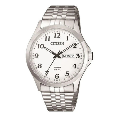 Citizen Quartz BF5000-94A – Men's Dress Watch, 37mm Stainless Steel Case & Bracelet, White Dial, Day-Date Display, 50M Water Resistant