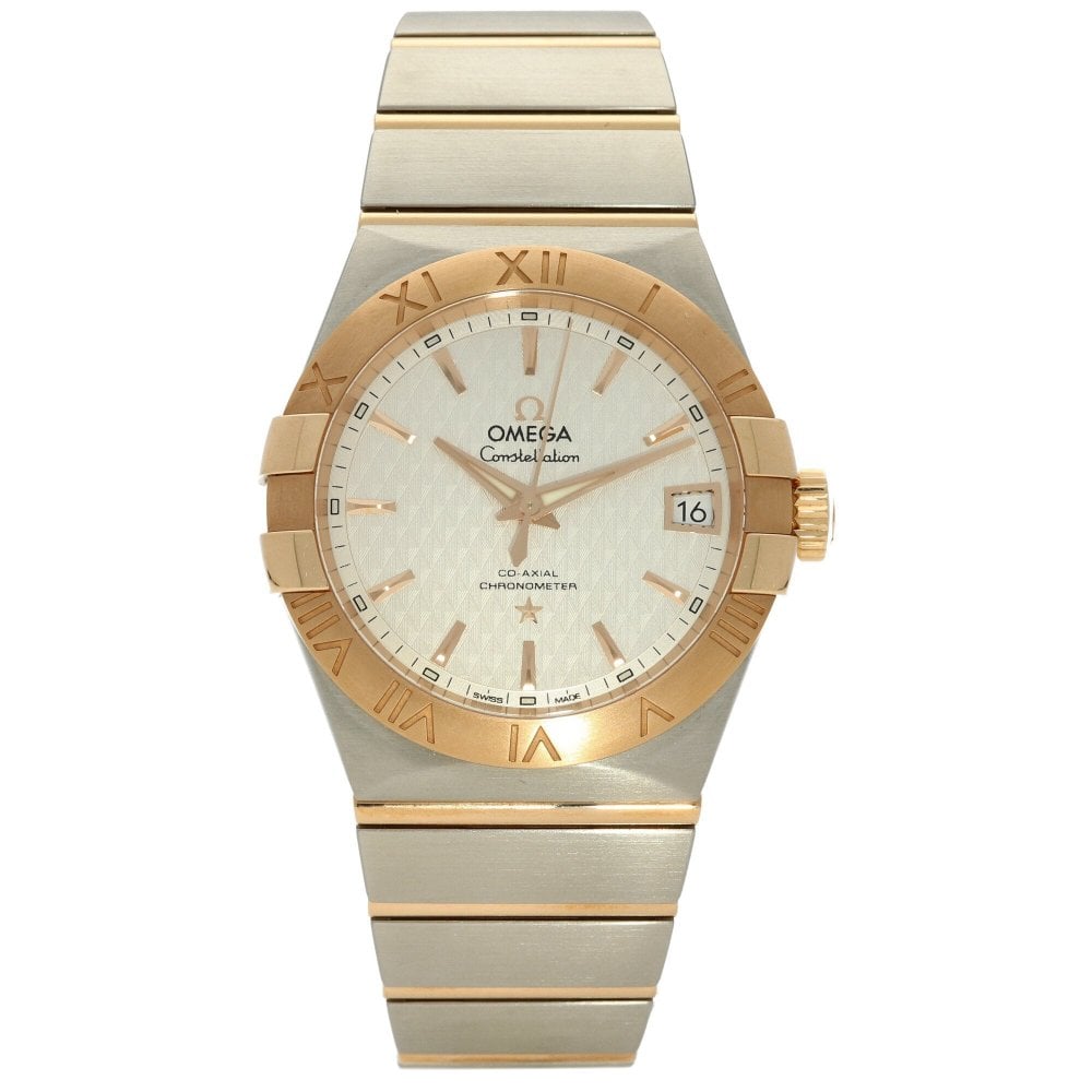 Gold and silver watch with Omega brand on a white background