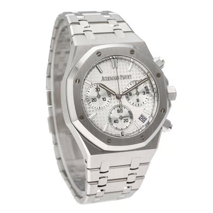 Silver Audemars Piguet watch on a white background