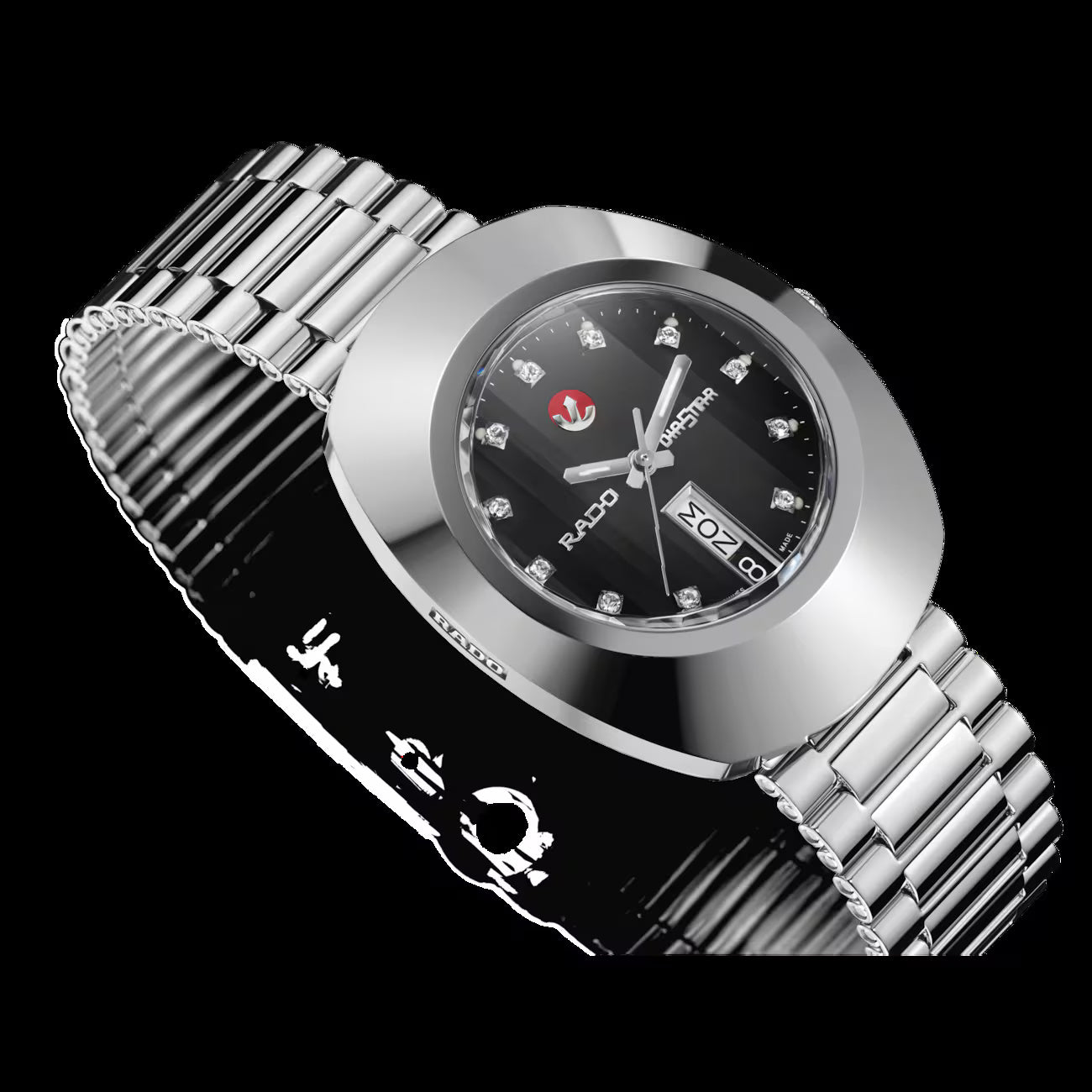 Rado R12408613 – Men's Diastar Automatic Watch, 35mm Stainless Steel, Black Dial with Diamonds, Day-Date, 40H Power Reserve, 30M WR