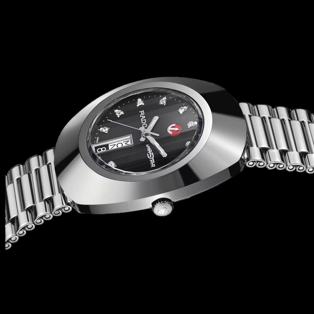 Rado R12408613 – Men's Diastar Automatic Watch, 35mm Stainless Steel, Black Dial with Diamonds, Day-Date, 40H Power Reserve, 30M WR