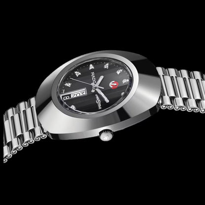 Rado R12408613 – Men's Diastar Automatic Watch, 35mm Stainless Steel, Black Dial with Diamonds, Day-Date, 40H Power Reserve, 30M WR