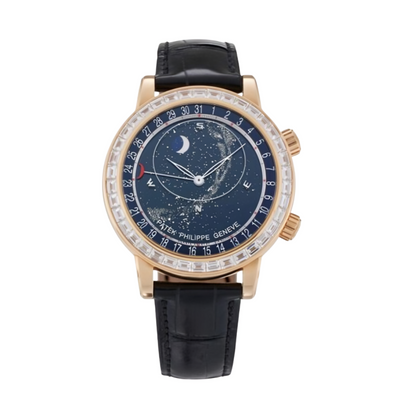Luxury watch with black strap and starry face on white background