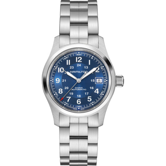 Hamilton Khaki Field Automatic Blue Dial 38mm Watch H70455140 – Stainless Steel Bracelet, Date Display, Calibre H-10, 80-Hour Power Reserve, 100M Water Resistance
