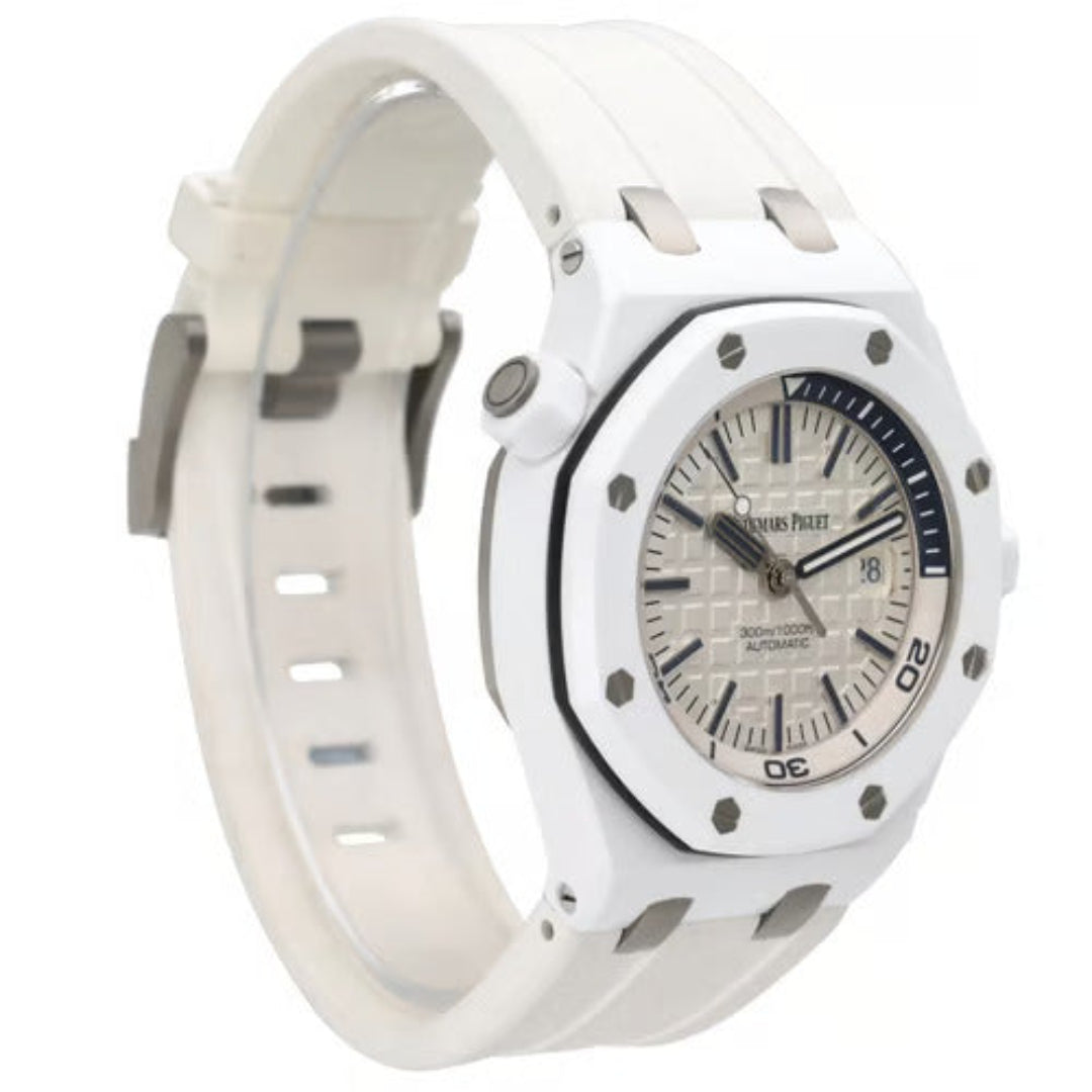 White watch with a detailed face on a white background