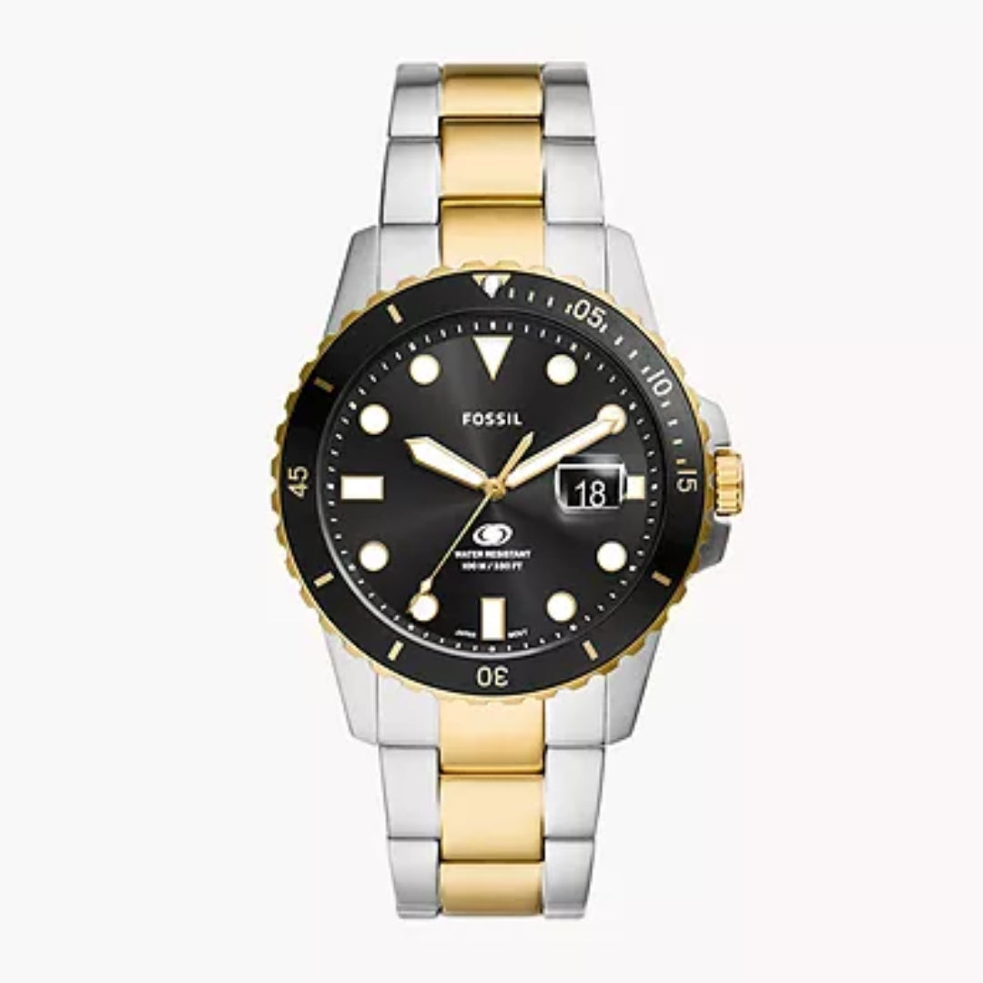 Fossil Blue Dive FS6031 – Men's Quartz Stainless Steel Watch, Black Dial, Two-Tone Bracelet, 42mm, 100M Water Resistance