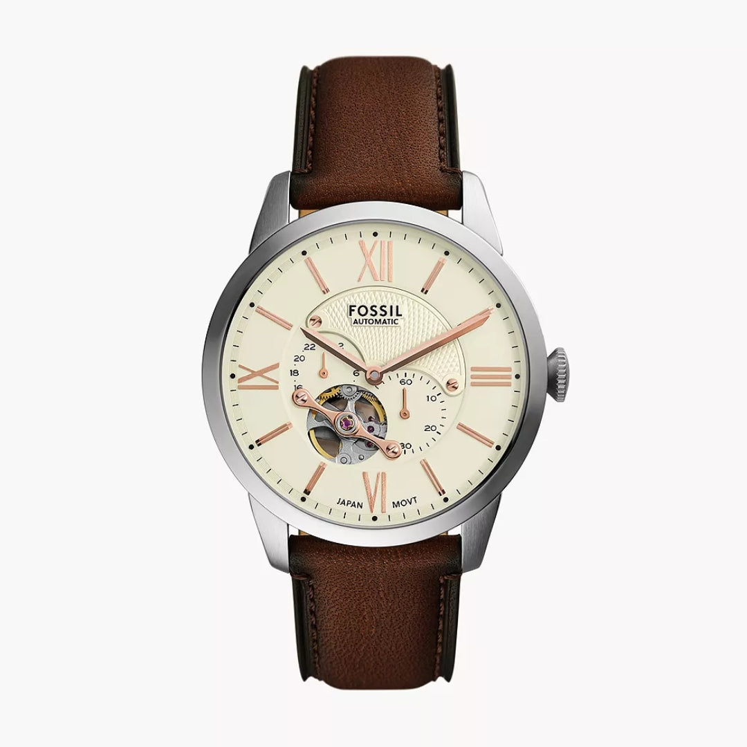 Fossil Townsman Automatic Men’s Watch ME3266 – 44mm Cream Dial, Brown Leather Strap, Rose Gold-Tone Hands, Transparent Case Back, 50M Water Resistance