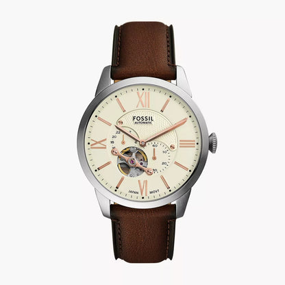 Fossil Townsman Automatic Men’s Watch ME3266 – 44mm Cream Dial, Brown Leather Strap, Rose Gold-Tone Hands, Transparent Case Back, 50M Water Resistance