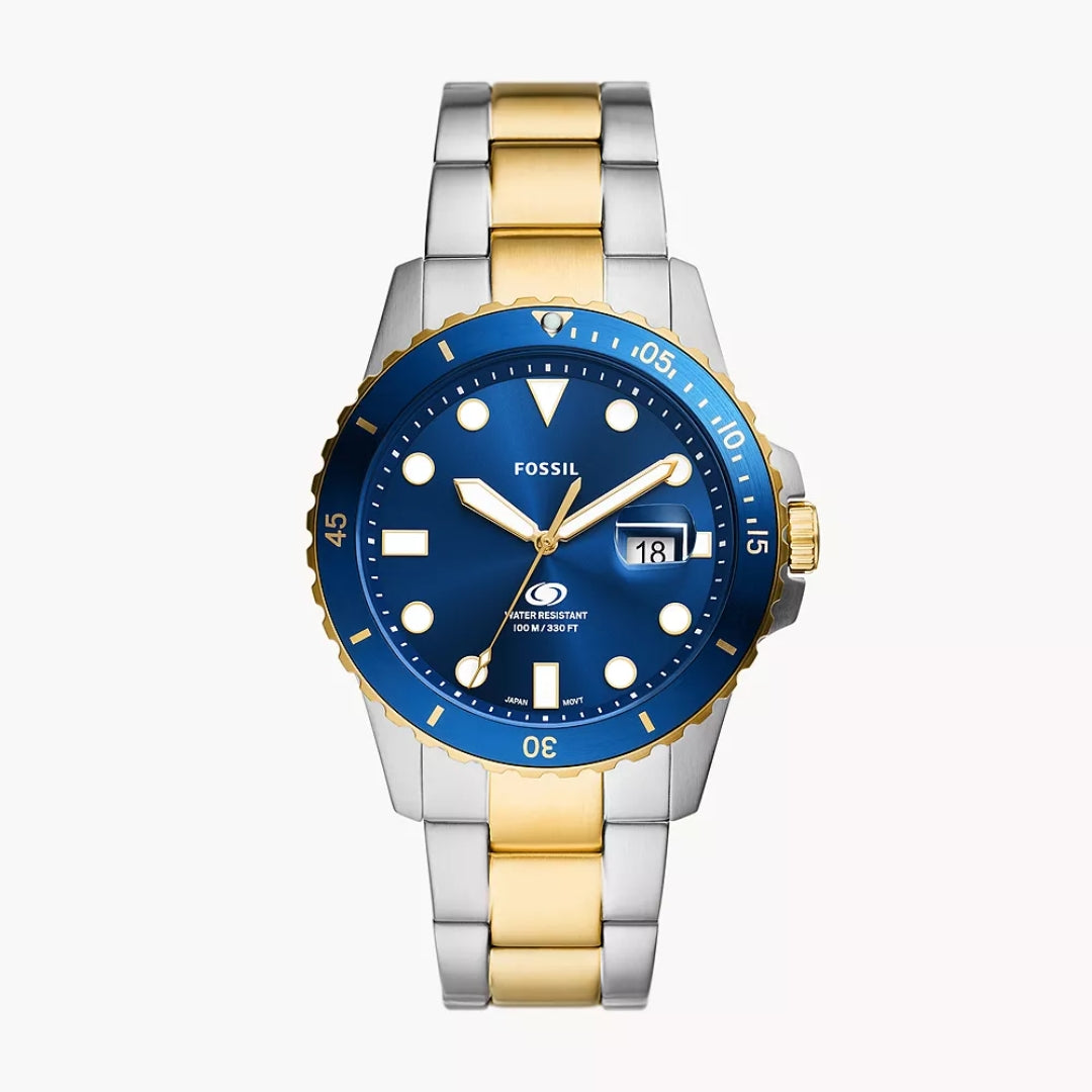 Fossil Blue Dive Quartz Men’s Watch FS6034 – 42mm Blue Dial, Two-Tone Stainless Steel Bracelet, Blue Bezel, Date Display, 100M Water Resistance