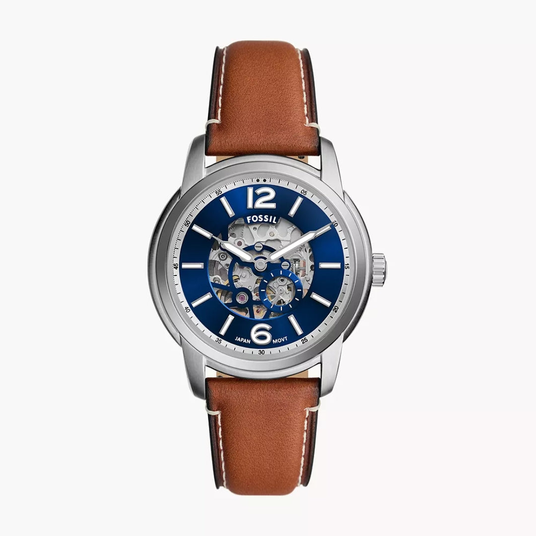 Fossil Heritage Automatic Men’s Watch ME3263 – 43mm Blue Dial, Brown Leather Strap, Sapphire Crystal, 50M Water Resistance