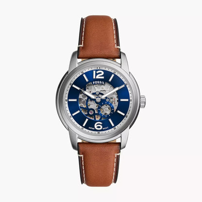 Fossil Heritage Automatic Men’s Watch ME3263 – 43mm Blue Dial, Brown Leather Strap, Sapphire Crystal, 50M Water Resistance