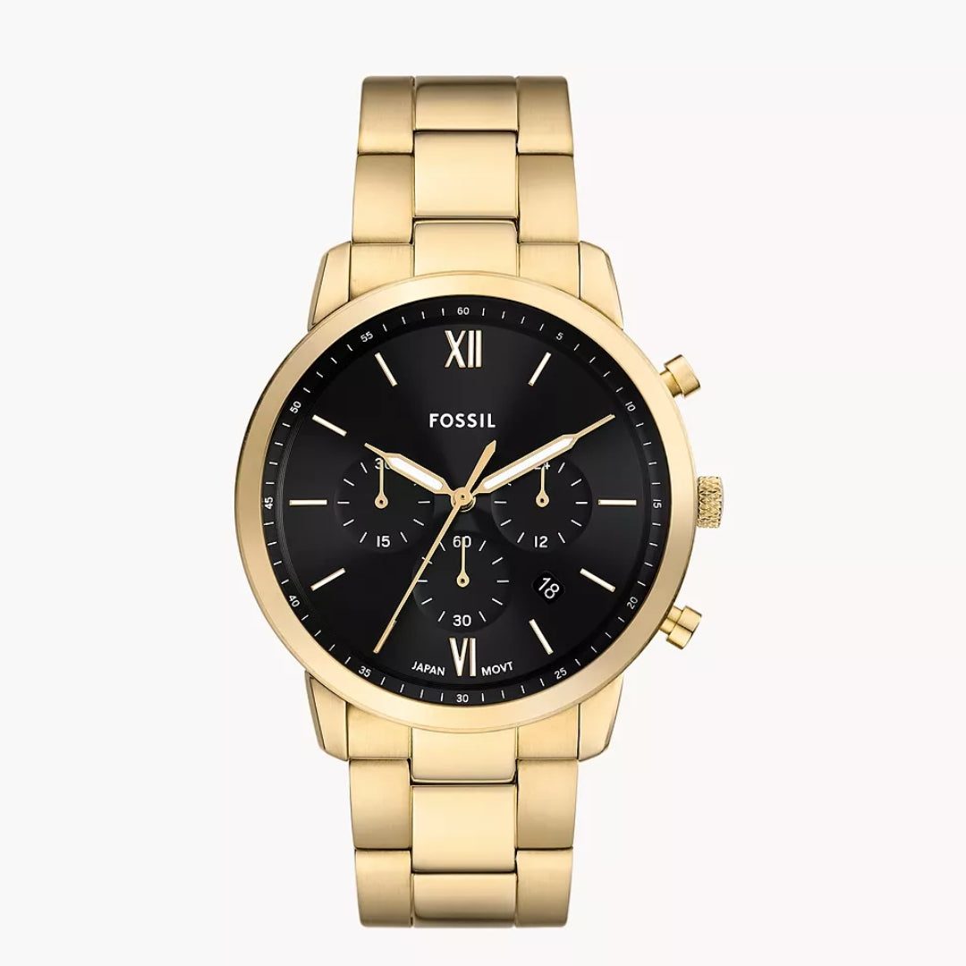 Fossil Neutra Chronograph Quartz Men’s Watch FS6093 – 44mm Black Dial, Gold-Tone Stainless Steel Bracelet, Date Display, 50M Water Resistance