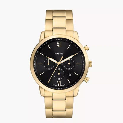 Fossil Neutra Chronograph Quartz Men’s Watch FS6093 – 44mm Black Dial, Gold-Tone Stainless Steel Bracelet, Date Display, 50M Water Resistance
