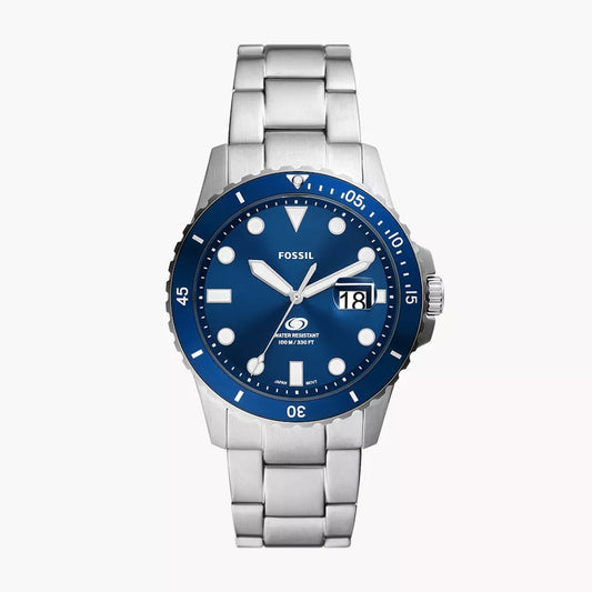 Fossil Blue Dive Quartz Men’s Watch FS6029 – 42mm Blue Dial, Stainless Steel Bracelet, 100M Water Resistance