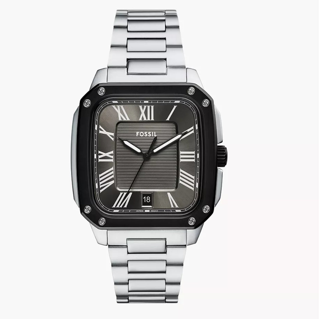 Fossil Crosby Quartz Men’s Watch FS6122 – Square Grey Dial, Silver-Tone Stainless Steel Bracelet, Black Bezel, 50M Water Resistance