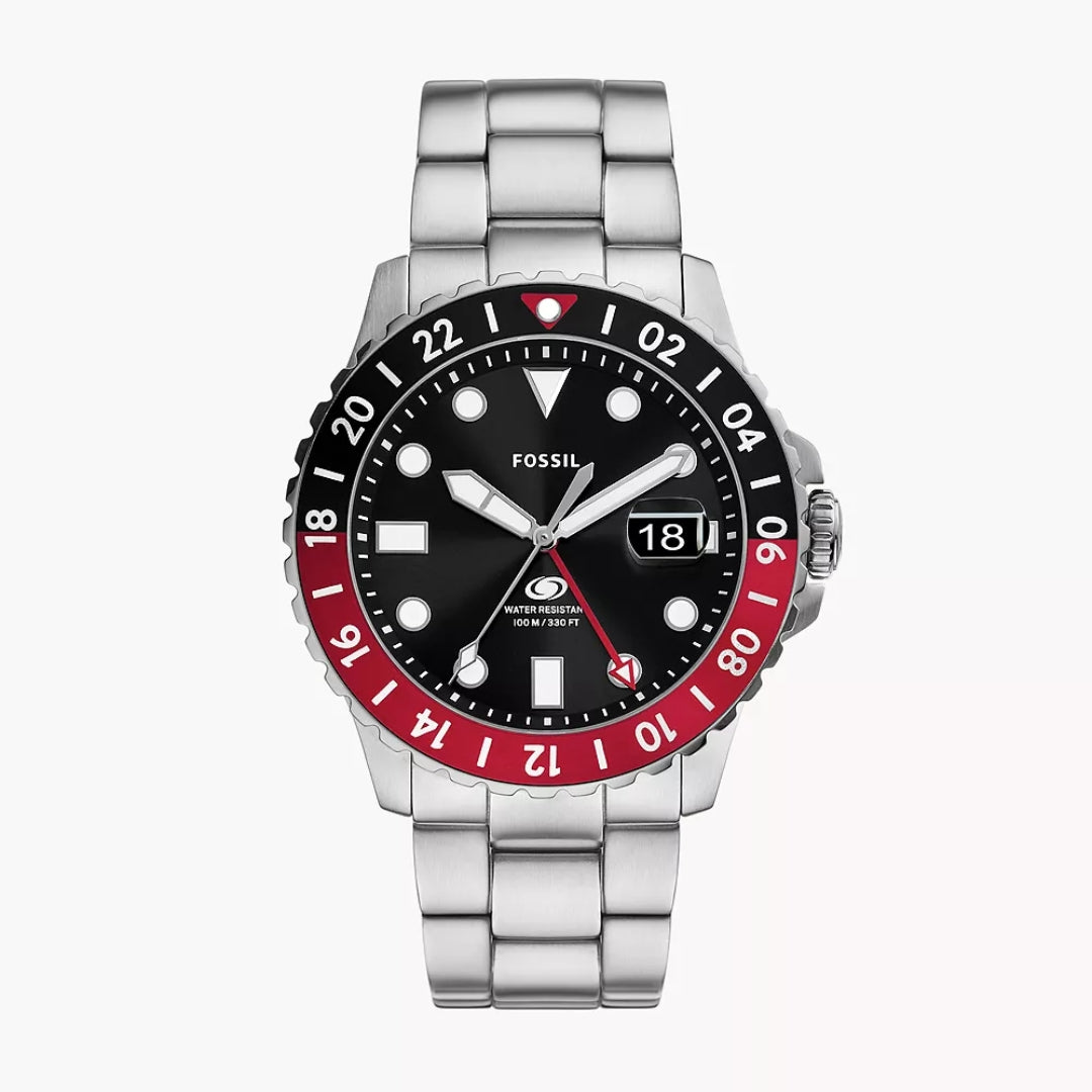 Fossil Blue GMT Quartz Men’s Watch FS6092 – 46mm Black Dial, Silver-Tone Stainless Steel Bracelet, Black & Red Bezel, Date Display, 100M Water Resistance