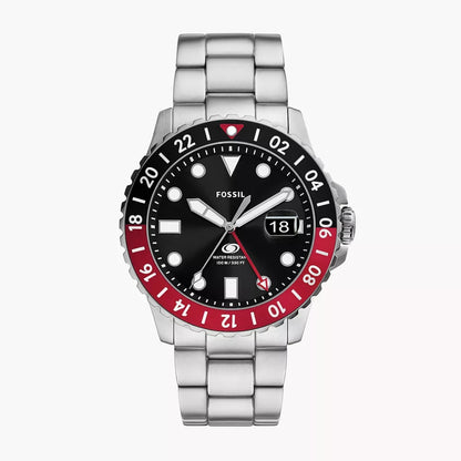 Fossil Blue GMT Quartz Men’s Watch FS6092 – 46mm Black Dial, Silver-Tone Stainless Steel Bracelet, Black & Red Bezel, Date Display, 100M Water Resistance