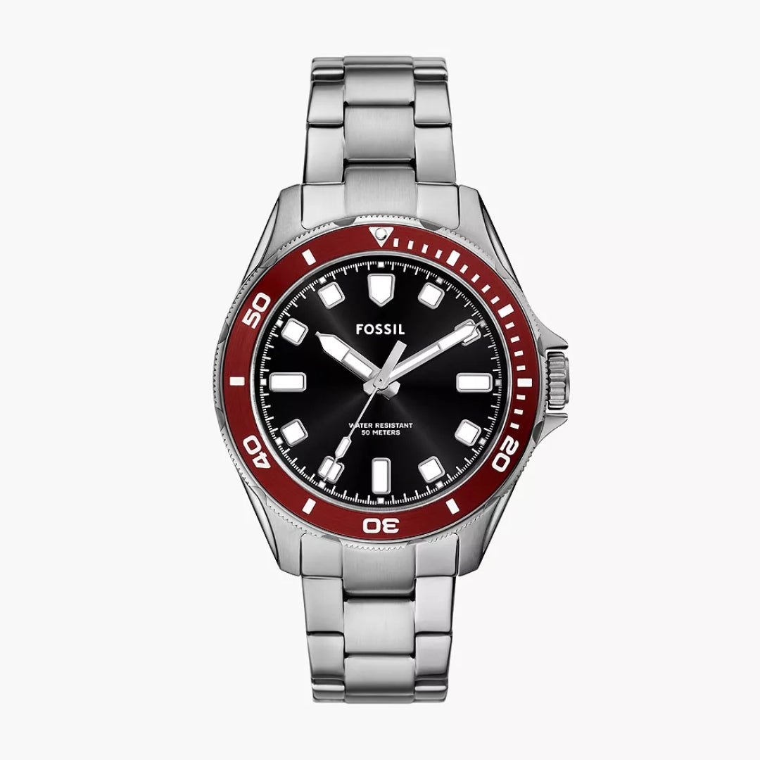 Fossil Dalton Quartz Men’s Watch BQ2896 – 42mm Black Dial, Red Bezel, Silver-Tone Stainless Steel Bracelet, 50M Water Resistance
