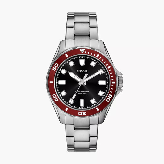 Fossil Dalton Quartz Men’s Watch BQ2896 – 42mm Black Dial, Red Bezel, Silver-Tone Stainless Steel Bracelet, 50M Water Resistance