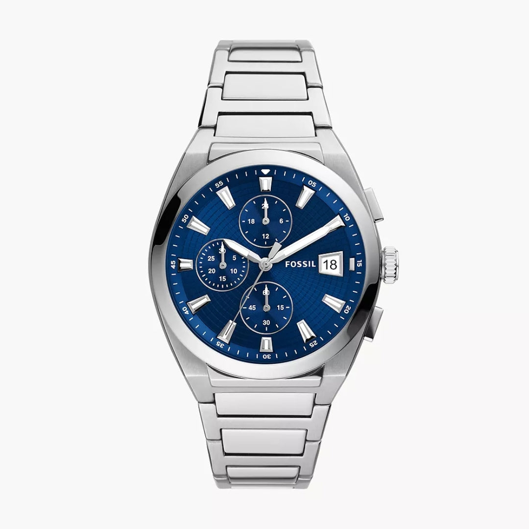 Fossil Everett Chronograph Quartz Men’s Watch FS5795 – 42mm Blue Dial, Silver-Tone Stainless Steel Bracelet, Date Display, 50M Water Resistance