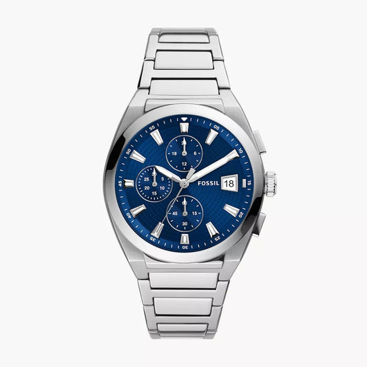 Fossil Everett Chronograph Quartz Men’s Watch FS5795 – 42mm Blue Dial, Silver-Tone Stainless Steel Bracelet, Date Display, 50M Water Resistance