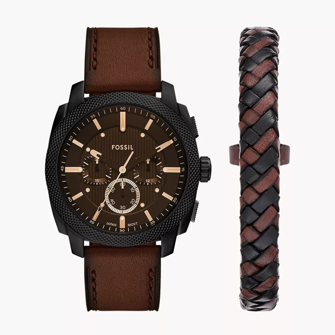 Fossil Machine Chronograph Quartz Men’s Watch FS6102SET – Brown Dial, Brown Leather Strap & Matching Black/Brown Braided Bracelet Set